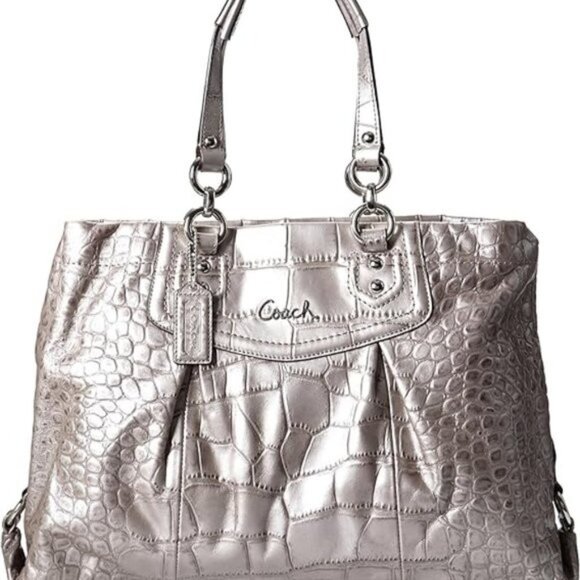 Coach Ashley Crocodile Embossed Metallic Silver Leather Shoulder Bag /Handbag - Picture 1 of 15